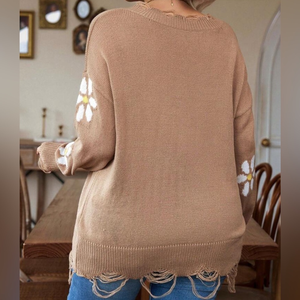 Floral Pattern Drop Shoulder Distressed Sweater - Picture 2 of 2